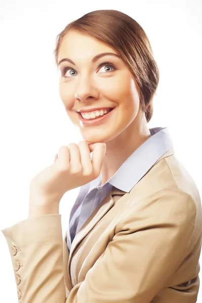 Young business woman smiling casually over white background — Stock Photo, Image