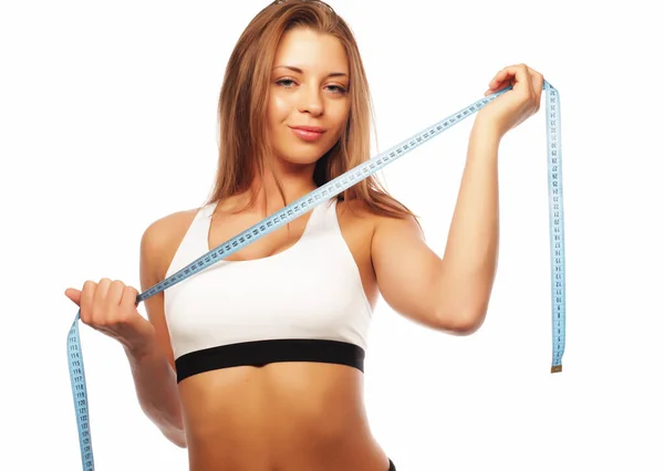 Woman measuring her waistline . Perfect Slim Body. — Stock Photo, Image