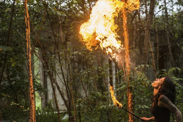 Fuego espectáculo fuego respiro grande Plume de llama — Foto de Stock