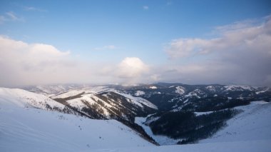 Dağlardaki kış ağaçları taze karla kaplıdır.
