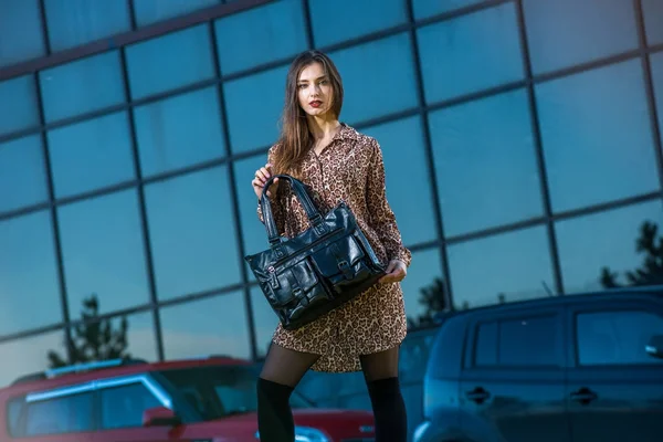 Beautiful young woman posing with a leather bag in a dress — Stock Photo, Image