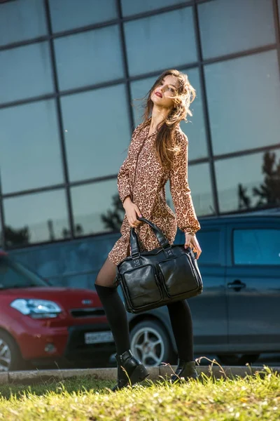 Beautiful young woman posing with a leather bag in a dress — Stock Photo, Image