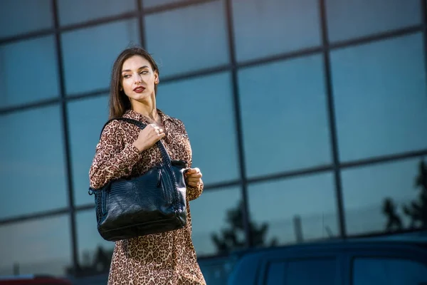 Gyönyörű fiatal nő pózol egy bőr táska egy ruha — Stock Fotó