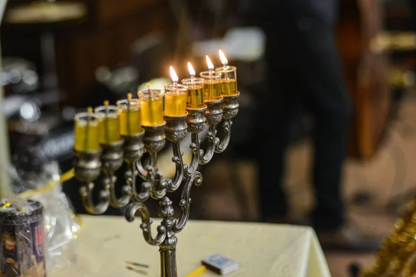 Menorah traditional candelabra and burning candles — Stock Photo, Image