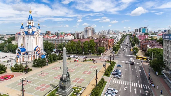 Piazza Khabarovsk Komsomolskaya. la vista dall'alto. girato con un drone. l'estremo oriente russo . — Foto Stock