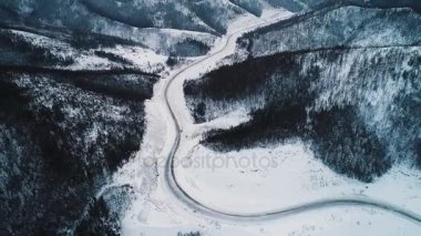 Kış ülkede yol karlı orman, hava uçak görünümünden
