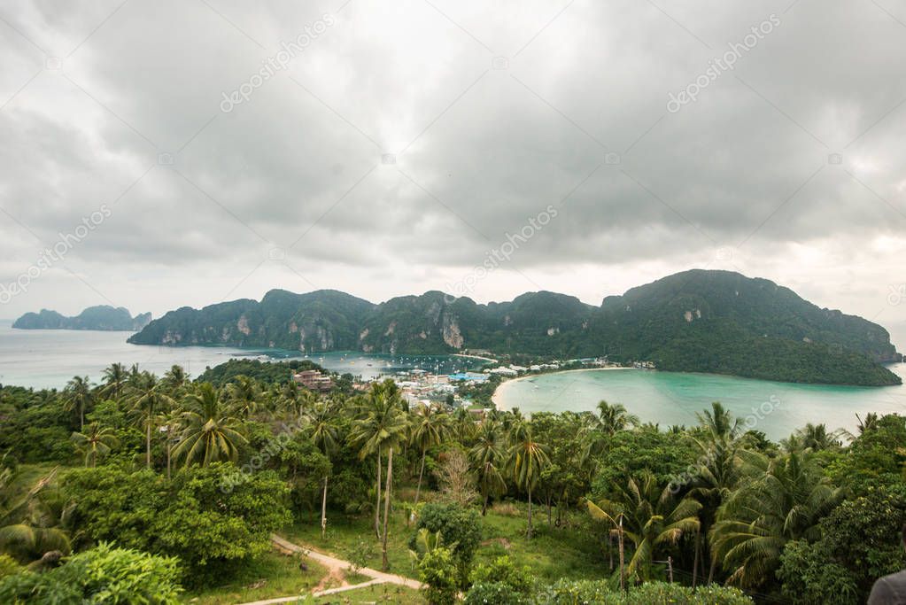 Travel vacation background - Tropical island with resorts - Phi-Phi island, Krabi Province, Thailand