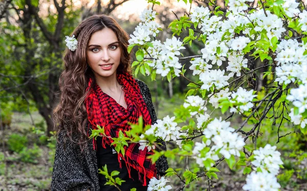 Spring portraits of a gorgeous young woman on a background of cherries. Sakura