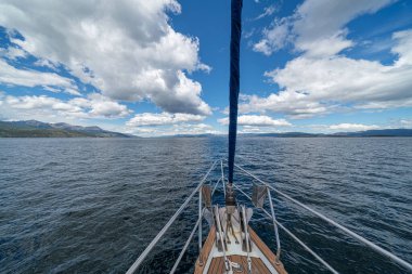 Antarktika 'da yelkenli teknesi, buzdağları ve deniz buzlarını aşan yat navigasyonu.