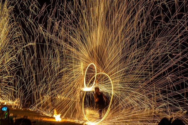 Group of fireworks in the sky. fire show, fire with exposure . Thailand — Stock Photo, Image