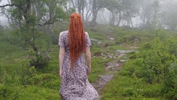 Foggy Forest Girl Dress Brown Boots Walking Path Camera Follows — Stock Video