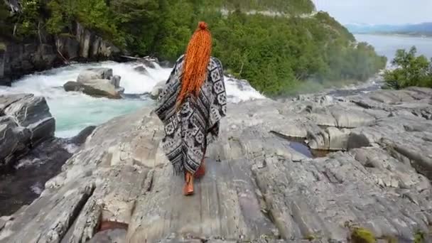 Girl Red Hair Comes Edge Large Waterfall — Stock Video