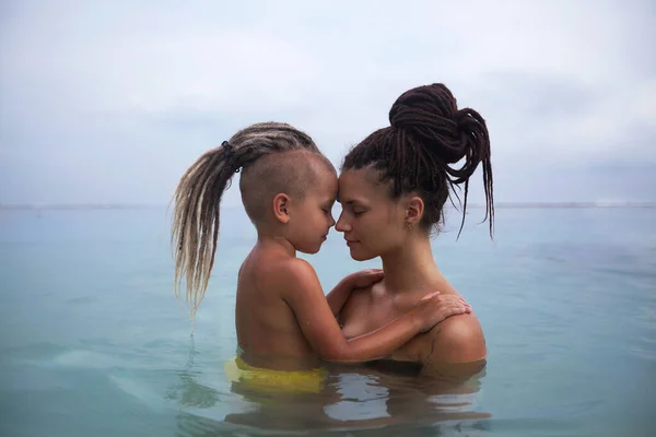 Mom Boy Swimming Sea Swimsuits Dreadlocks Head Strapless Shirt Stock Photo