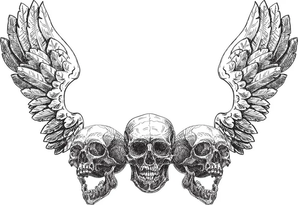 Drei Schädel und Flügel — Stockvektor