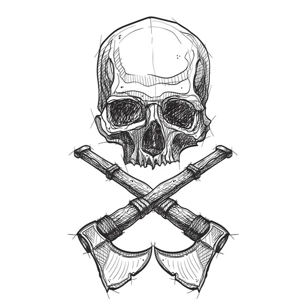 Cráneo Con Hachas Estilo Sketch — Vector de stock