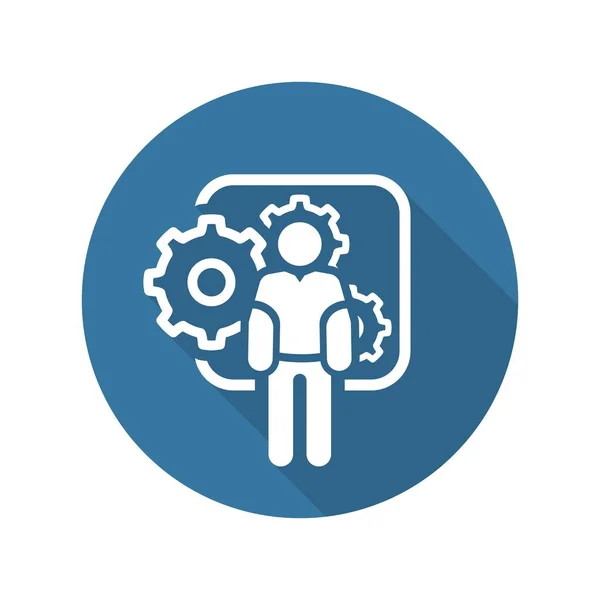 Werktuigbouwkunde pictogram. Man en Gears. Ontwikkeling symbool. — Stockvector