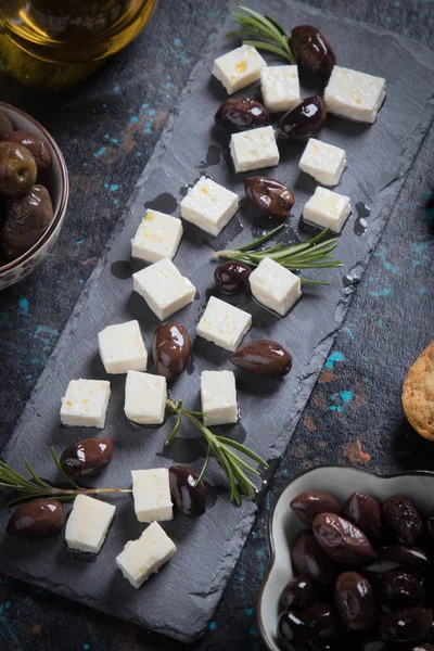 Greek Feta Cheese Famous Dairy Product Black Olives Rosemary — Stock Photo, Image