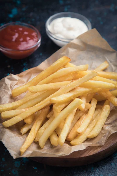 French fries with ketchup and mayonnaise — Stock Photo, Image