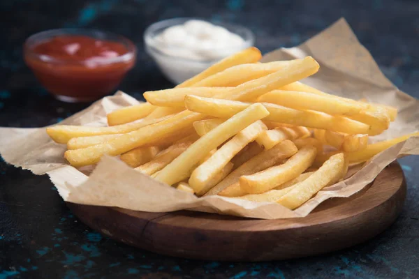 French fries with ketchup and mayonnaise — Stock Photo, Image