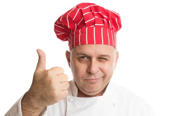 Chef com chapéu vermelho fazendo expressões — Fotografia de Stock