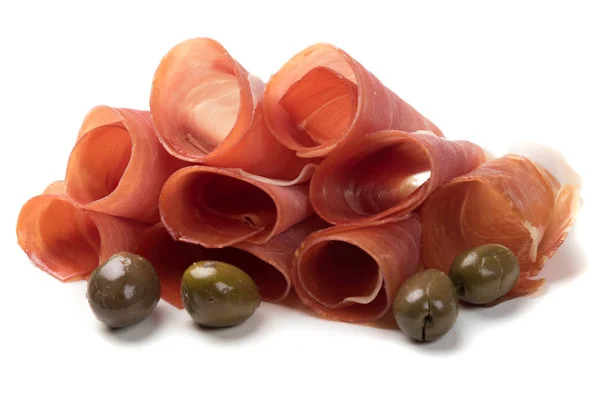 Delen van gezouten ham van prosciutto — Stockfoto