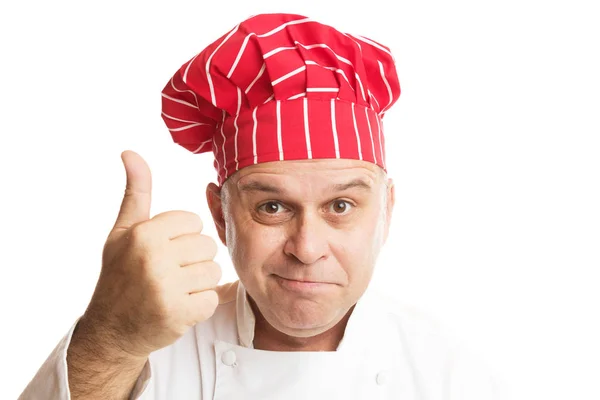 Szef kuchni z czerwonym kapeluszem wyrażenia podejmowania — Zdjęcie stockowe