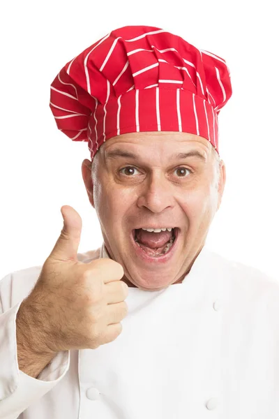 Chef met rode hoed die uitdrukkingen maakt — Stockfoto