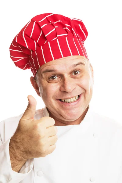 Chef met rode hoed die uitdrukkingen maakt — Stockfoto