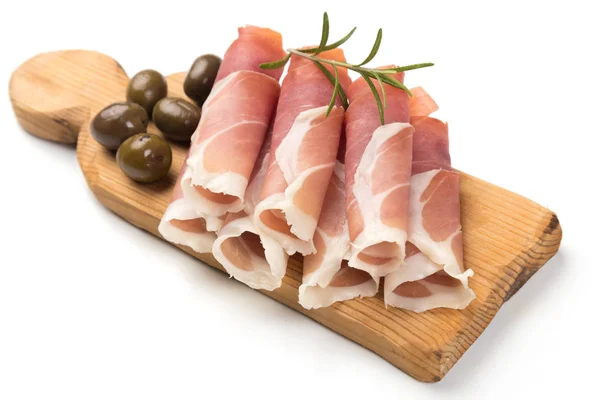 Delen van gezouten ham van prosciutto — Stockfoto