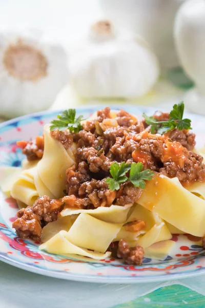 Italian ragu bolognese with flat fettuccine pasta — Stock Photo, Image