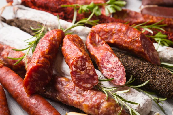 Cured pork and beef sausages — Stock Photo, Image
