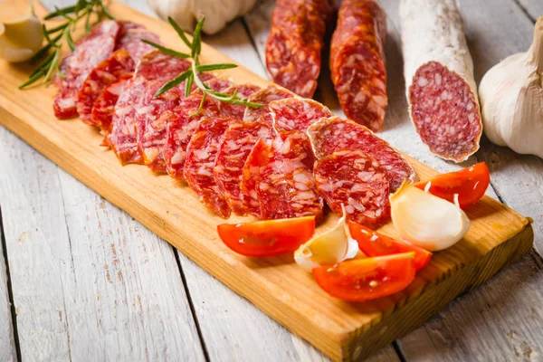 Cured pork and beef sausages — Stock Photo, Image