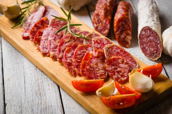 Cured pork and beef sausages — Stock Photo, Image