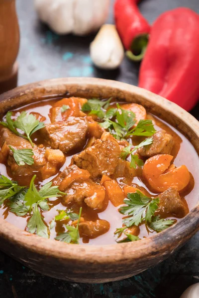 Beef goulash served in bowl — 스톡 사진