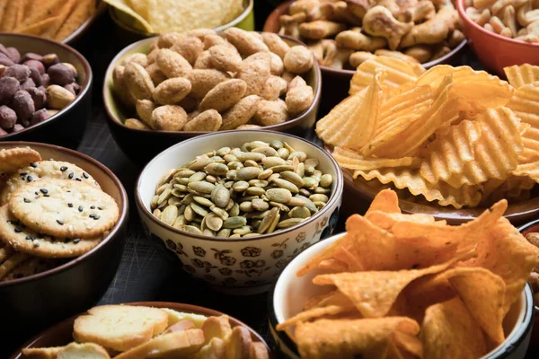Salty snacks served as party food — Stock Photo, Image