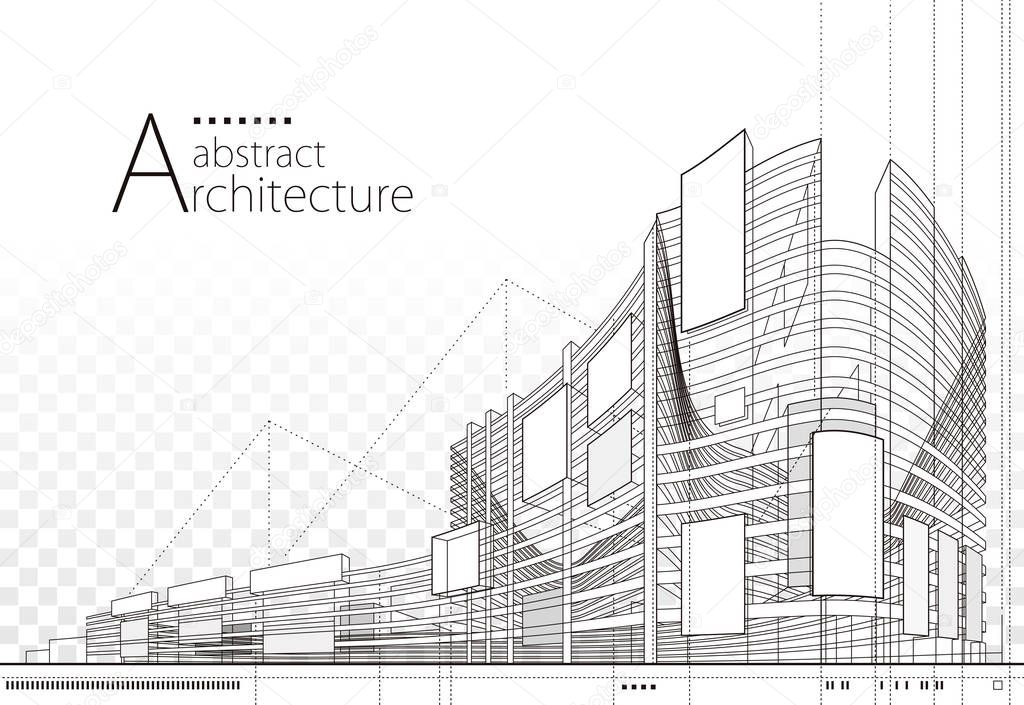 3D illustration Abstract Architecture Building Line Drawing.