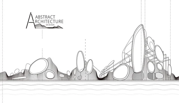 3D illustration Abstrakt Arkitektur landskap Linje Ritning. — Stock vektor