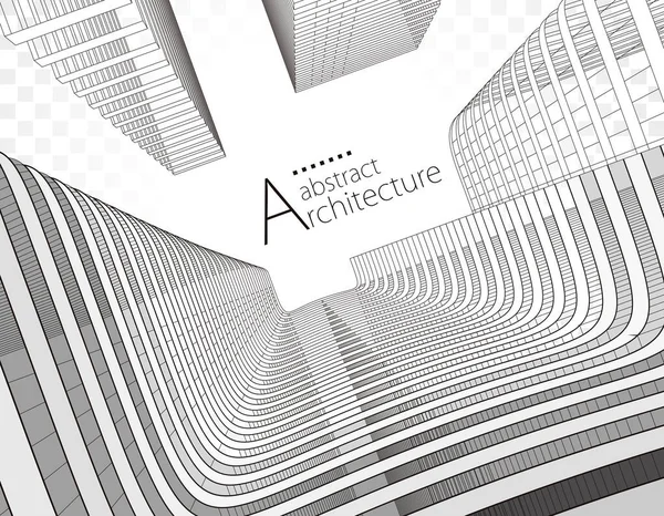 Modern Architecture 3D illustration. Architecture building construction perspective line drawing design, underside view urban building abstract background.