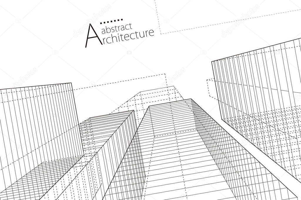 Modern architecture urban 3D illustration. Architecture building construction perspective line drawing design abstract background.