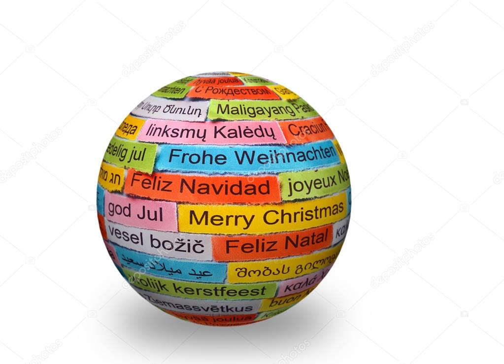 Merry Christmas   different languages on 3d sphere