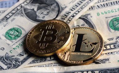Bitcoin ve Litecoin Doları banknot üzerinde.
