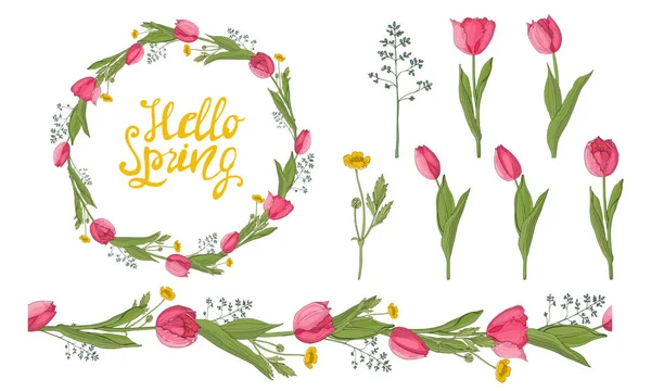 一种带有郁金香和春天香草的花环 上面有题词 适用于明信片及邀请函 — 图库矢量图片