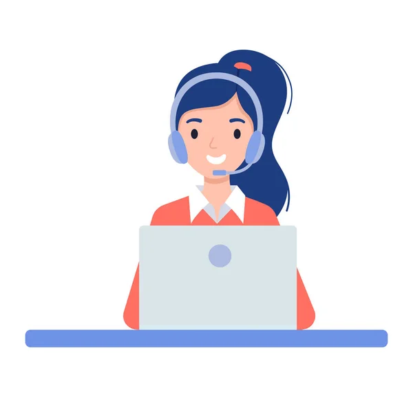 Flicka i hörlurar sitter med en bärbar dator. — Stock vektor