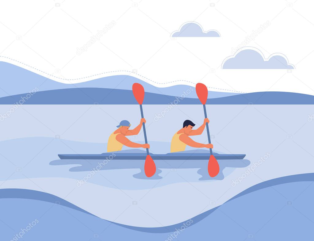 Two rowers swim in a boat.