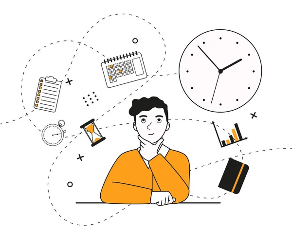 A young man sits and reflects on the topic of time management. — Stock Vector