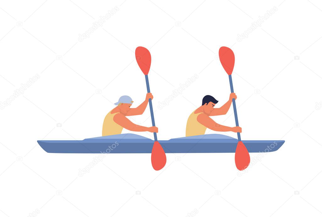 Two rowers swim in a boat.