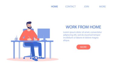 Evinde, bilgisayarında çalışan mutlu bir adam. Uzaktan çalışma, serbest çalışma, kendini izole etme..