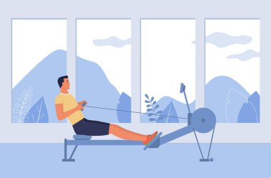 Bir adam spor salonunda kürek çekme simülatöründe kürek çekme yarışmalarına hazırlanıyor..