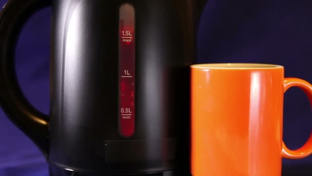 Bouilloire électrique et une tasse, marque mesurée niveau d'eau couleur rouge - un signe ébullition — Video