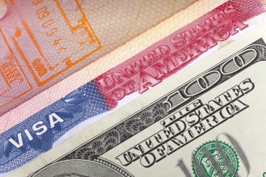 Uluslararası pasaport ve Abd doları sayfasında Amerikan vizesi, yakın çekim
